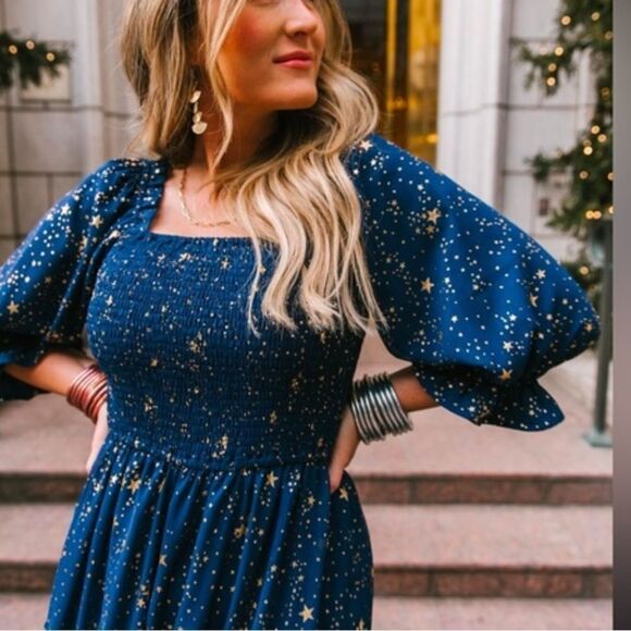 Matching SET Mommy Baby Ivy City Co Starry Nights Puff Sleeve Smocked Dresses - Picture 9 of 11